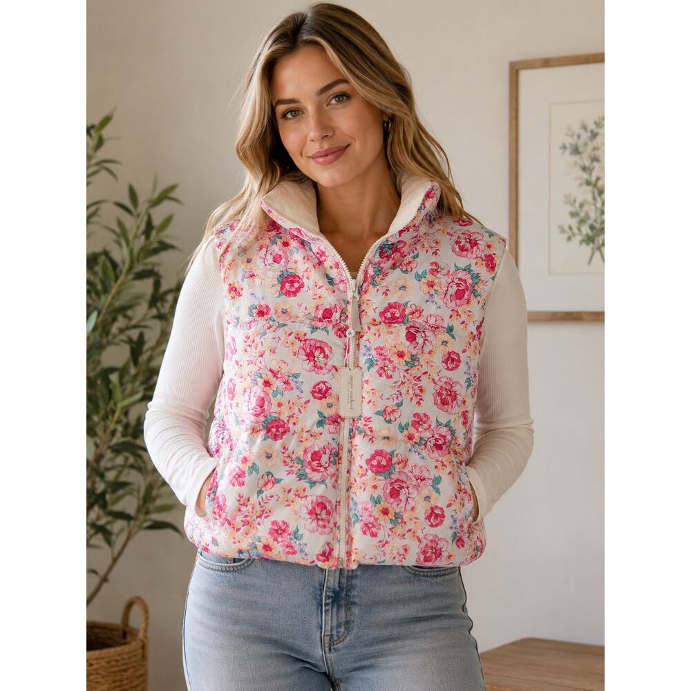 Simply Southern Cropped Puffer Vest Womens Size XL Pink Floral Preppy Hiking NEW